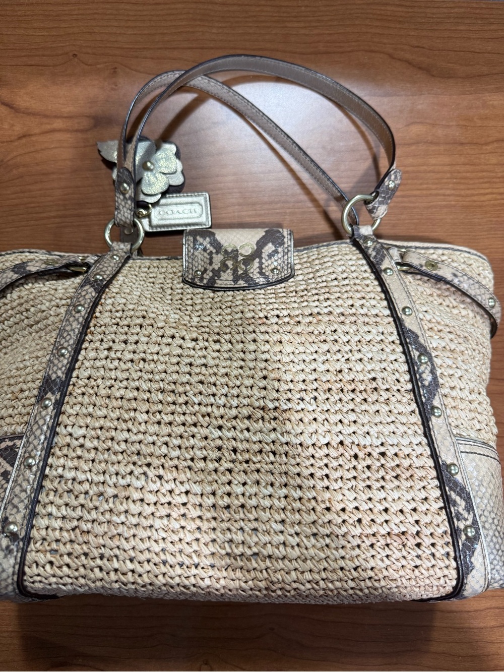 Coach Beige Woven Straw Tote with Snake-Print Trim - Picture 3 of 5